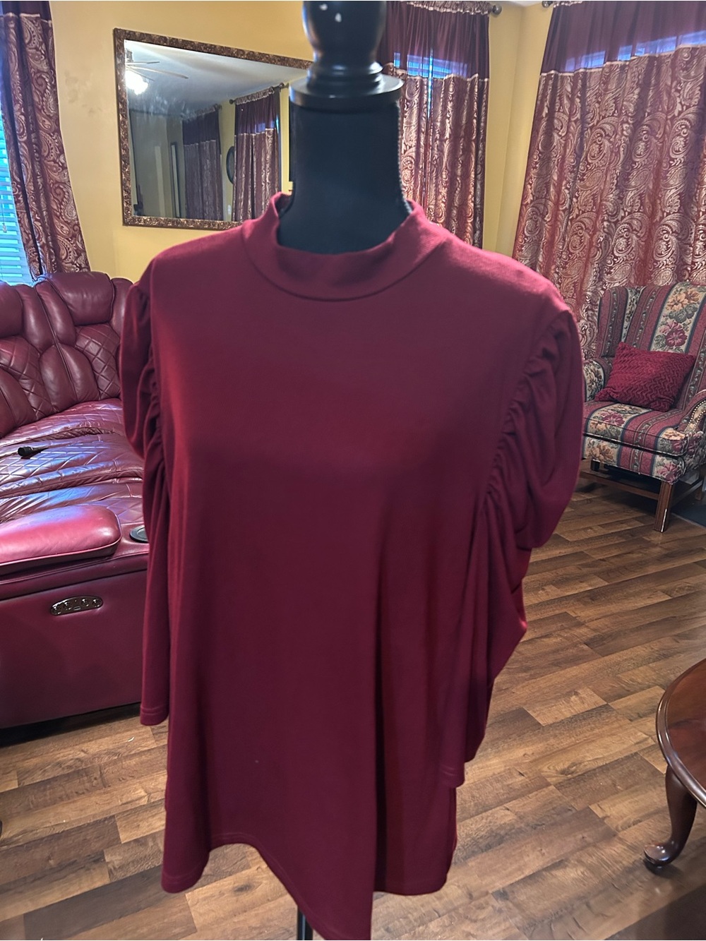 SHEIN Burgundy Mock Neck Ruched Sleeve Top